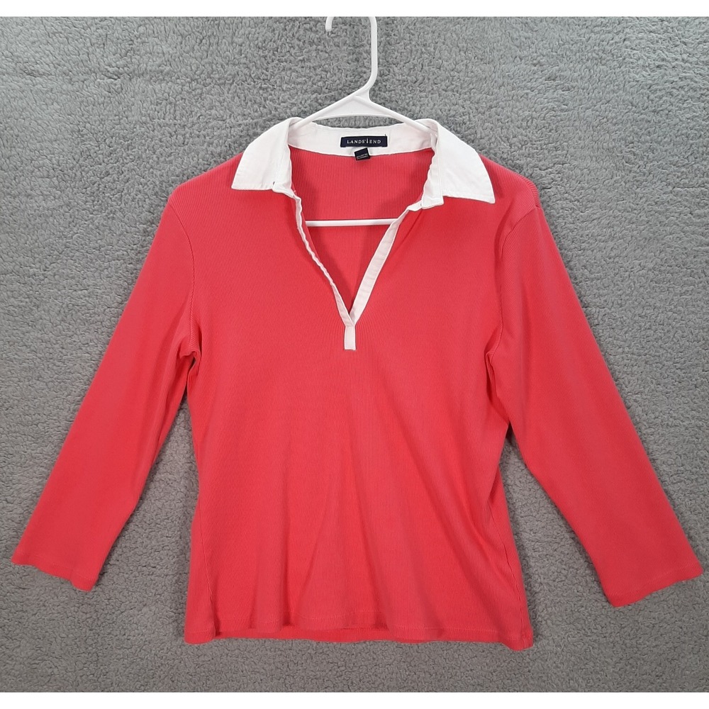 Lands End Shirt Womens Medium Pink White Ribbed V Neck Top‎ Preppy Careerwear